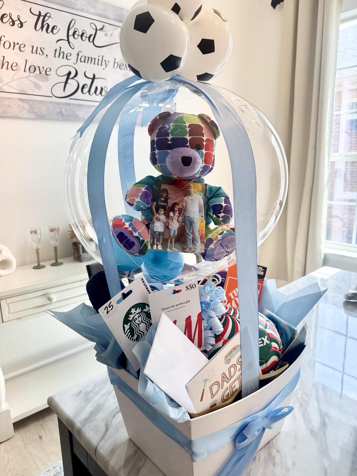 Father's Day balloon gift basket with keepsakes and treats