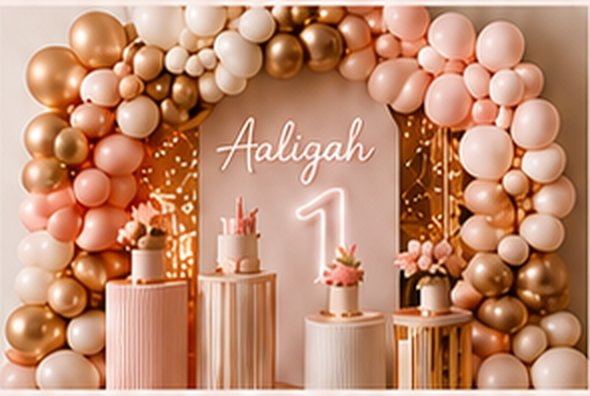 Gold and blush balloon arch with neon name sign, marquee number, and dessert stands